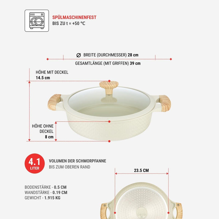 RESTO 93806 Bräter mit Glasdeckel Ø28cm beige 4,1L - stilvoller Schmortopf antihaftbeschichtet, Indu