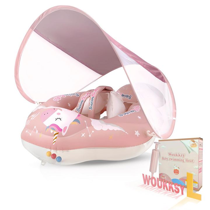 Woukksy Baby Schwimmring mit Sonnendach Entfernbar, Rosa Baby Schwimmhilfe mit Schwimmsitz, Aufblasb