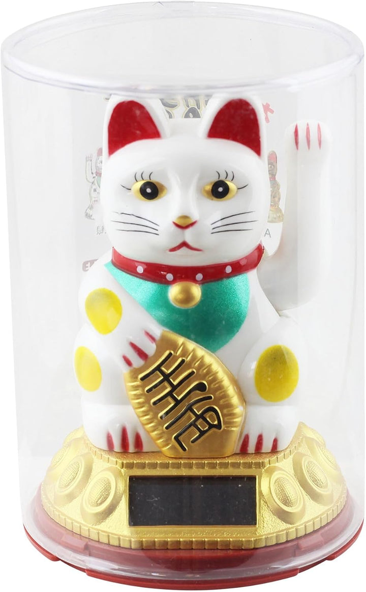 Freak Scene Glückskatze - Maneki-Neko - Winkekatze Solar - runder Sockel - 10,5 cm - weiss