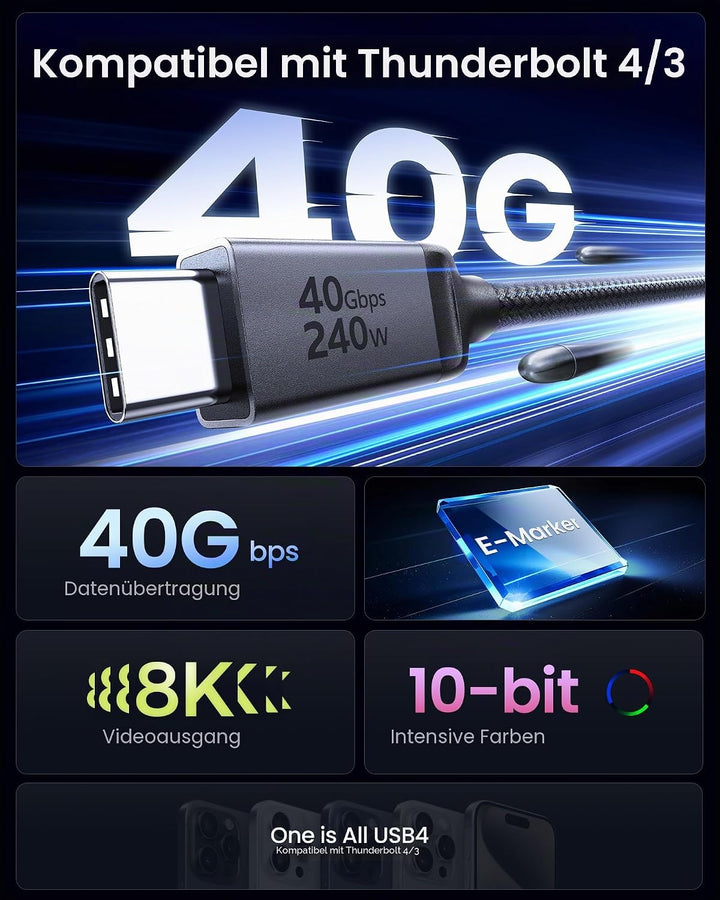 Silkland USB4 Kabel mit Thunderbolt 4 Kabel 2m, 40Gbps Datenkabel, PD3.1 240W 48V 5A Ladekabel, 8K 6
