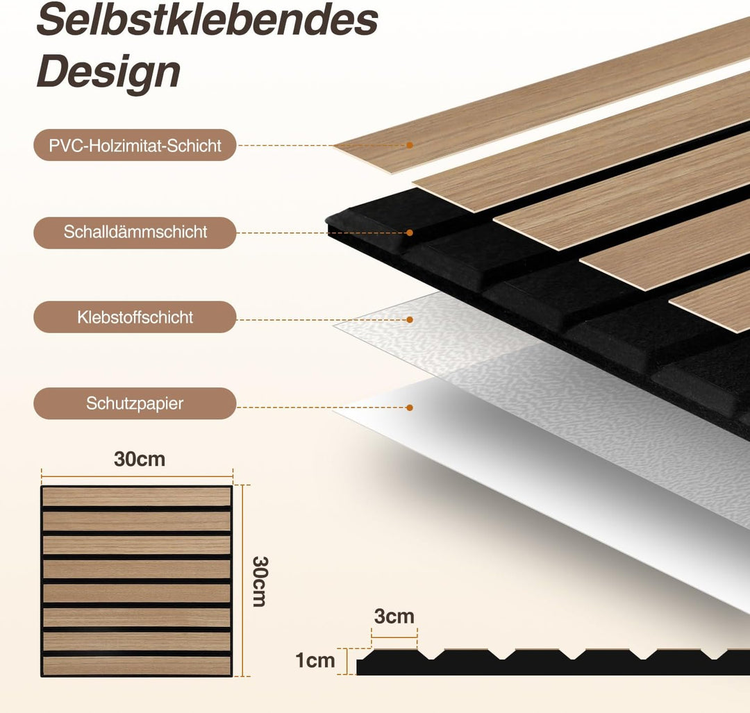 24er Set Akustikpaneele Holzoptik Wandpaneele Selbstklebende,Bohrfrei & Leicht Recyceltes Filz,Wandv