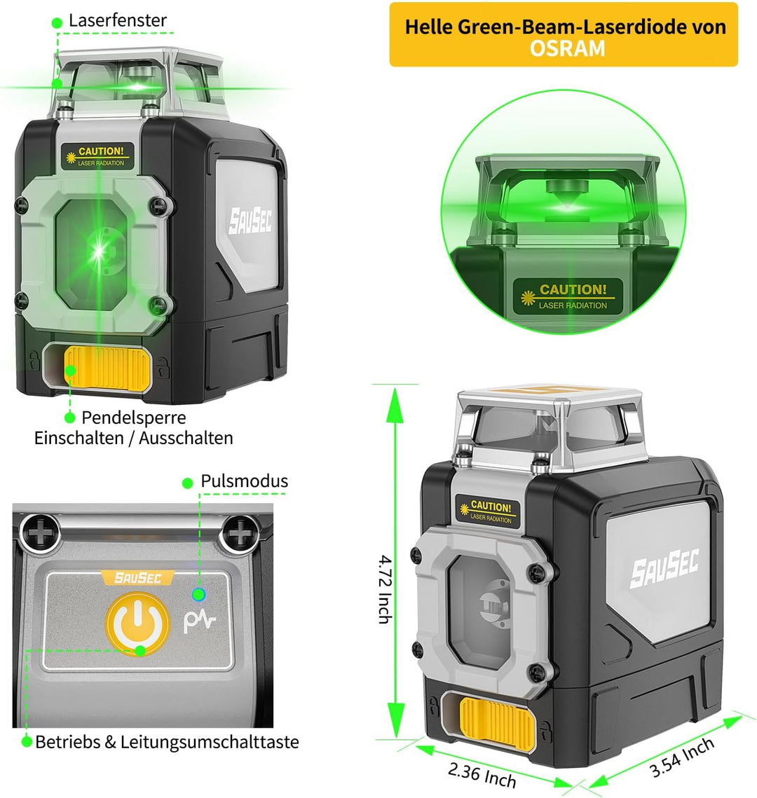 Laser Wasserwaage Grün 45 M, SAVSEC 1 × 360° Kreuzlinienlaser Selbstnivellierendes, 5 Linien Kreuzla