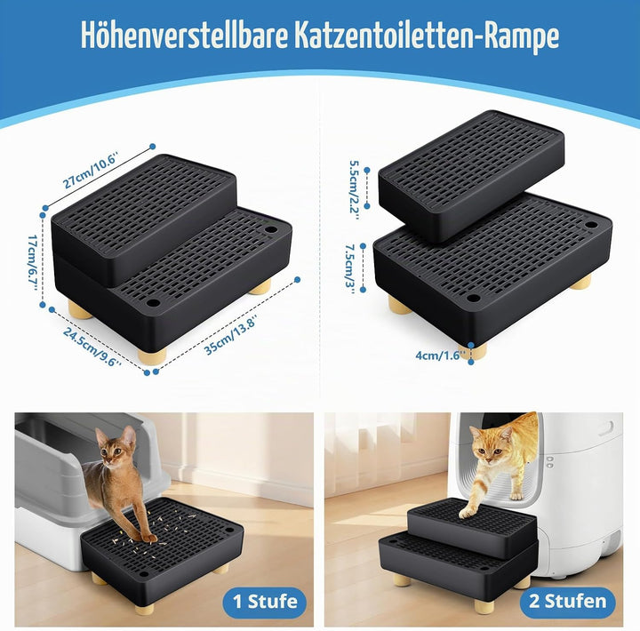 Verstellbare 2-stufige Katzentoilettenrampe, Katzen Treppen &amp; Stufen mit Holzfüsse Filterfunktion, l
