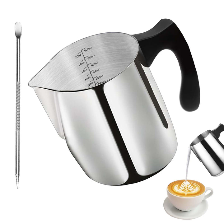 Daily Treasures 600ml Milch schäumende Krüge mit schwarzem Kunststoffgriff, Anti-Verbrühung Metall M