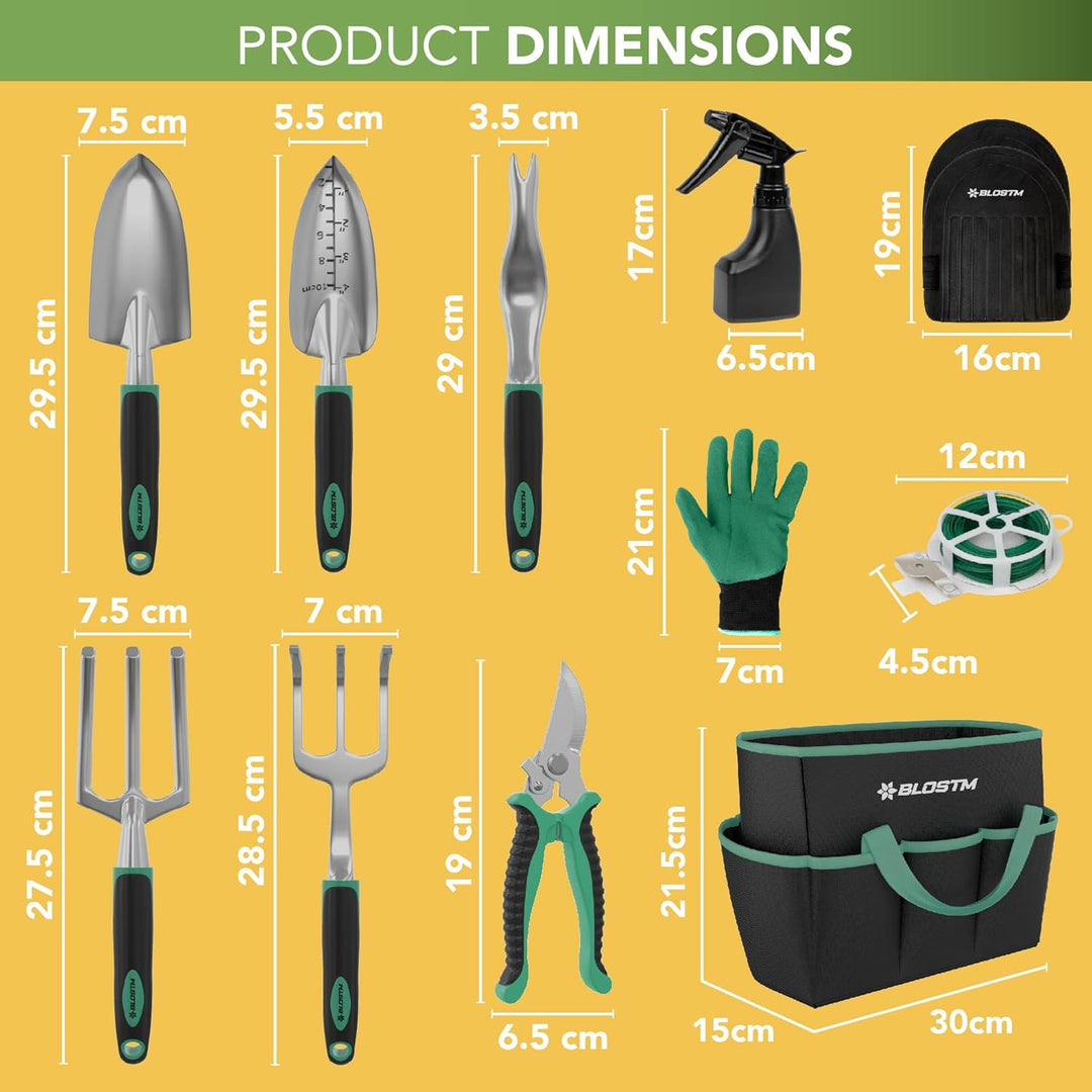 BLOSTM Gartenwerkzeug-Set, 11-teilig, robustes Gartengeräte-Set mit wasserdichter Tragetasche, rostf