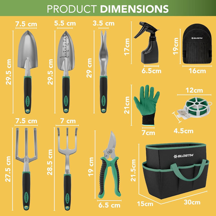 BLOSTM Gartenwerkzeug-Set, 11-teilig, robustes Gartengeräte-Set mit wasserdichter Tragetasche, rostf