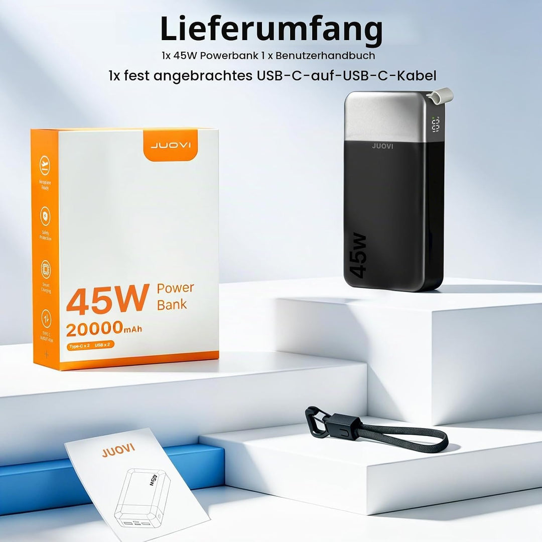 JUOVI Power Bank, Powerbank 20000mAh 45W Schnellladen Externe Handyakkus Schwarz 45W with Cable, Sch