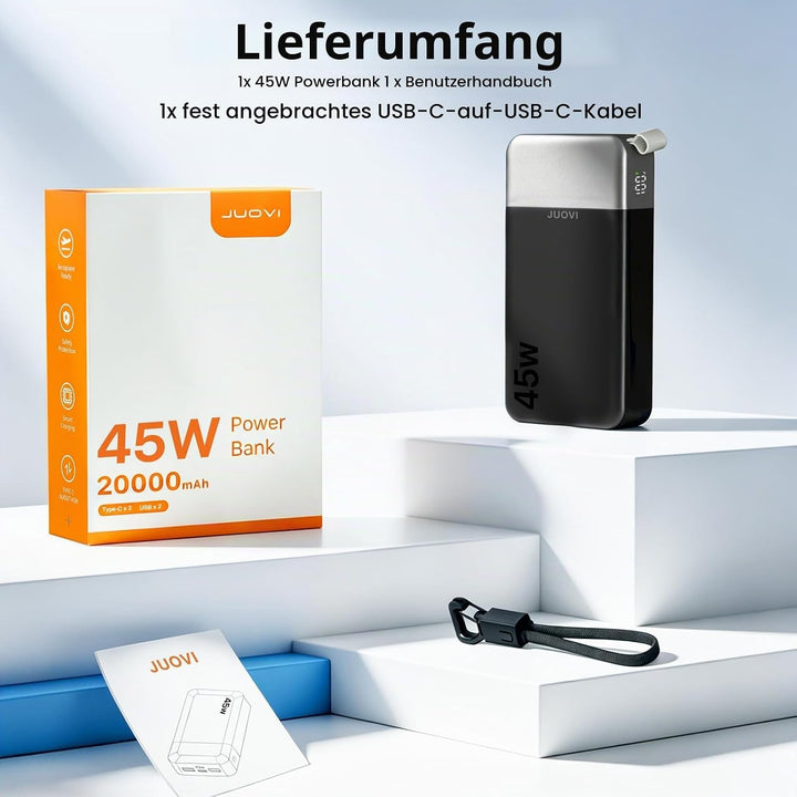 JUOVI Power Bank, Powerbank 20000mAh 45W Schnellladen Externe Handyakkus Schwarz 45W with Cable, Sch