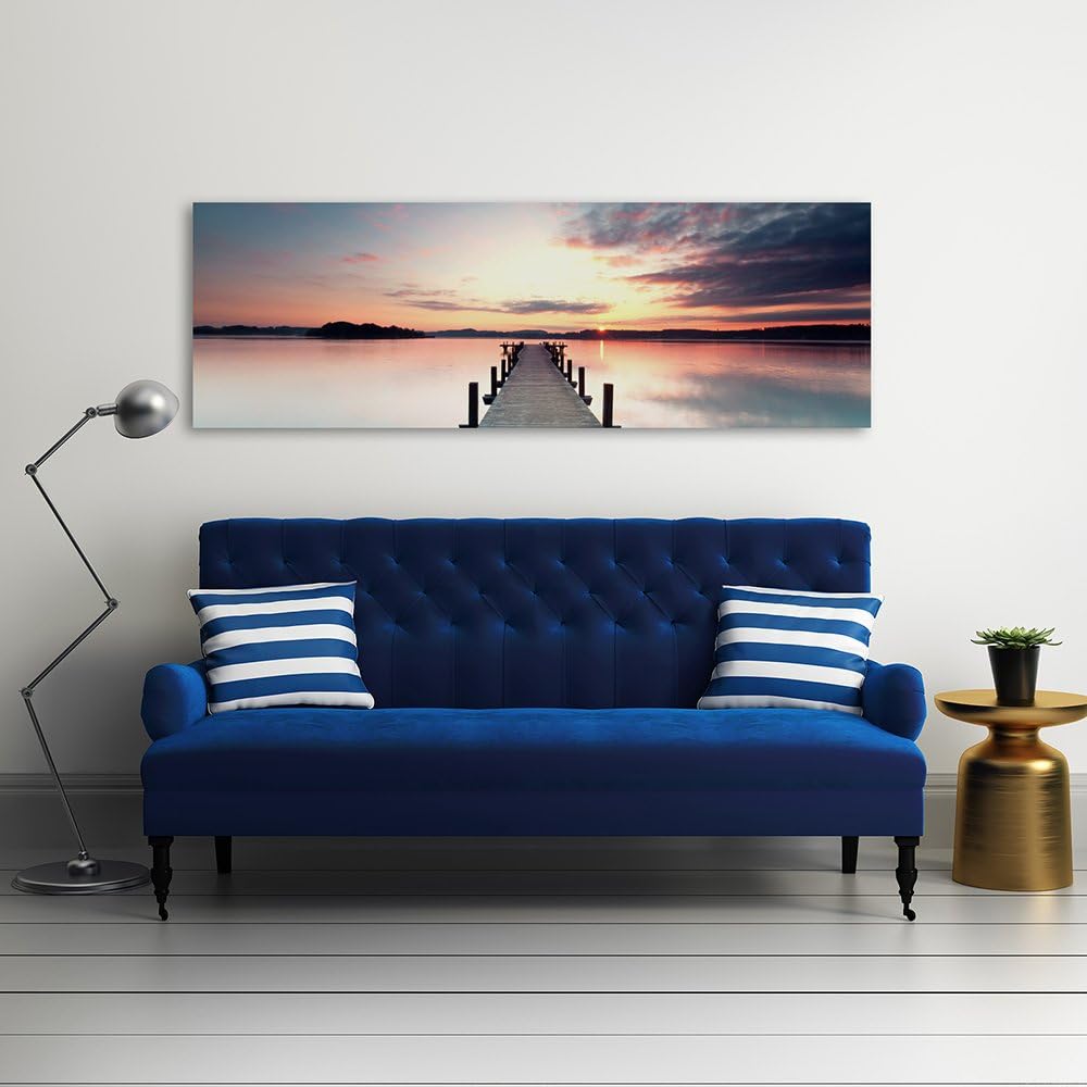 Feeby Frames, Leinwandbild, Bilder, Wand Bild, Wandbilder, Kunstdruck 30x90cm, STEG, SEE, WASSER, SO