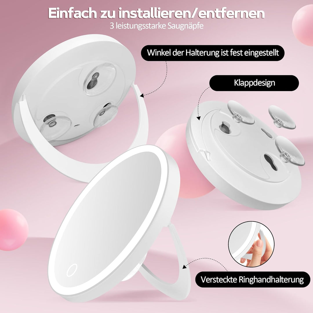 Kosmetikspiegel mit Beleuchtung, 30-Fach Vergrösserungsspiegel mit Saugnapf, 3 Farben beleuchtbar un