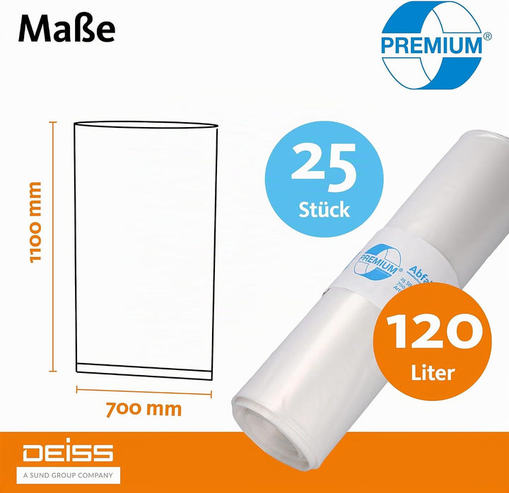 Müllsäcke DEISS PREMIUM transparent 70 my 120 L, 120 Liter - 70 my, 19005 1 stück (25er Pack) Single