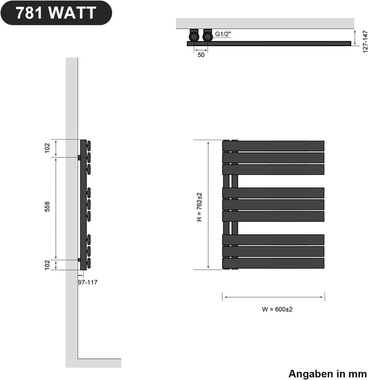 SONNI Badheizkörper Flach Handtuchtrockner 762 x 500 mm Anthrazit Handtuchwärmer Seitenanschluss Pan