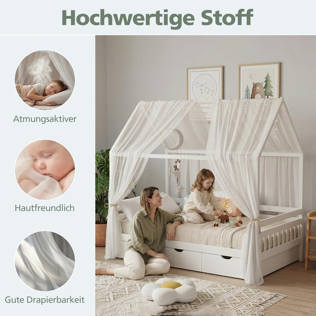 Hausbett Himmel 2er Set – Kinderbett Vorhänge für Hausbett, Montessori Kinderzimmer Deko, Betthimmel