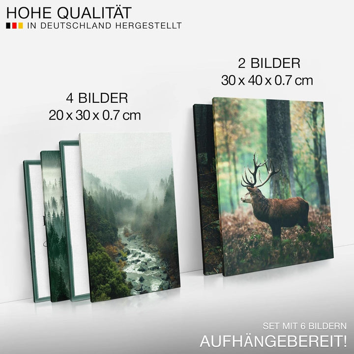 Novart Bilder Set - AUFHÄNGFERTIG - KEIN EXTRA RAHMEN BENÖTIGT - Wald Hirsch Modern Natur Grün - Woh