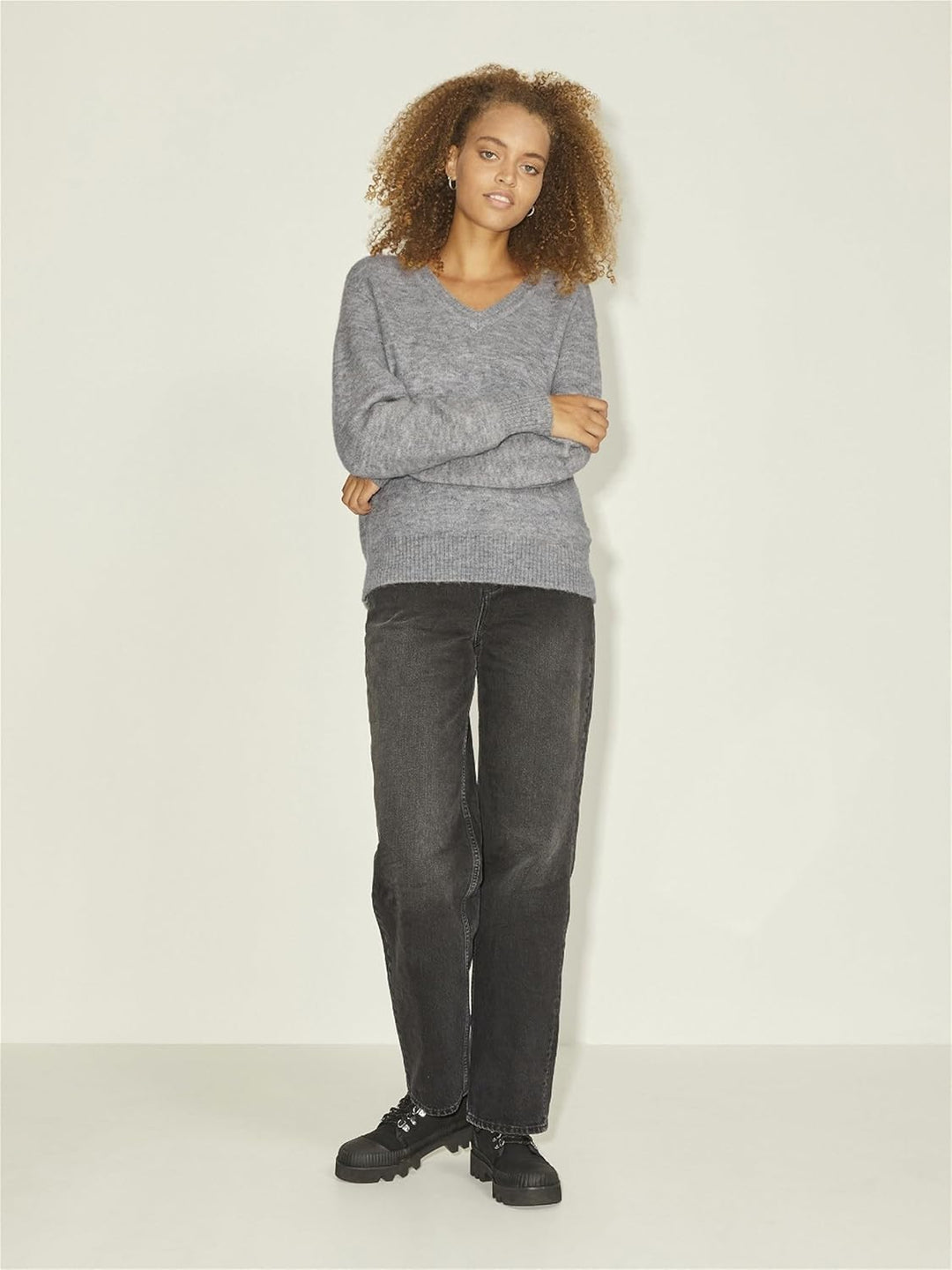 Jack & Jones Women's JJXX JXNANA LS Upgrade V-Neck Knit NOOS Pullover XL Grey Melange, XL Grey Melan