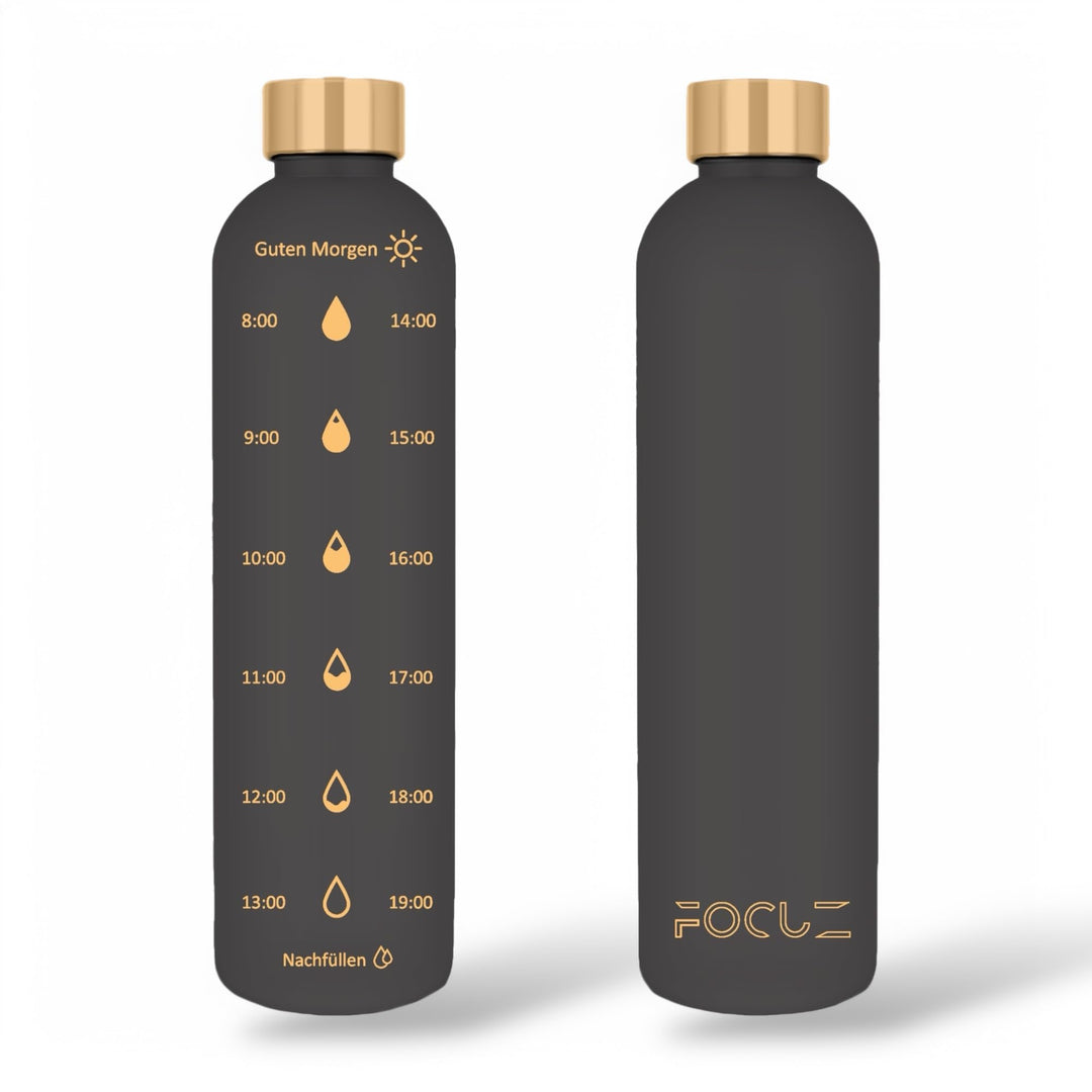 FOCUZ® Motivational Bottle 1 L [Schwarz] mit motivierender Zeitmarkierung, Trinkflasche 1l, 1 Liter