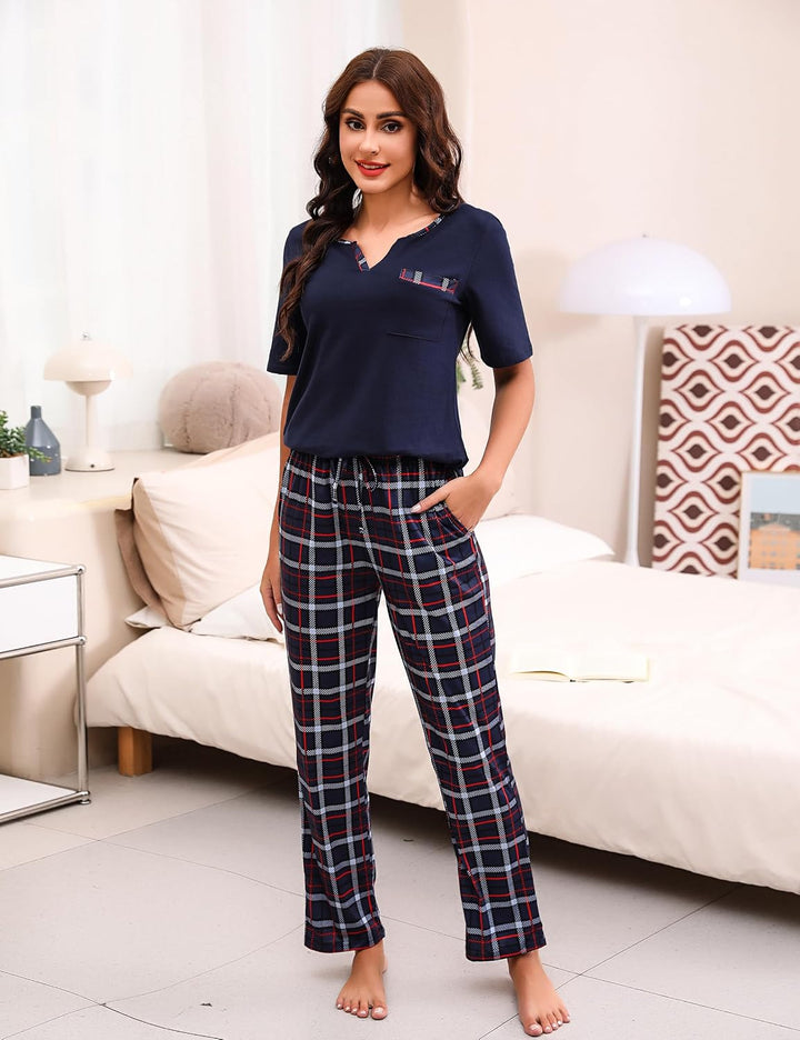 Bresdk Schlafanzug Damen Lang Kariert Kurzarm Pyjama Set Baumwolle Nachtwäsche S Blau M964, S Blau M