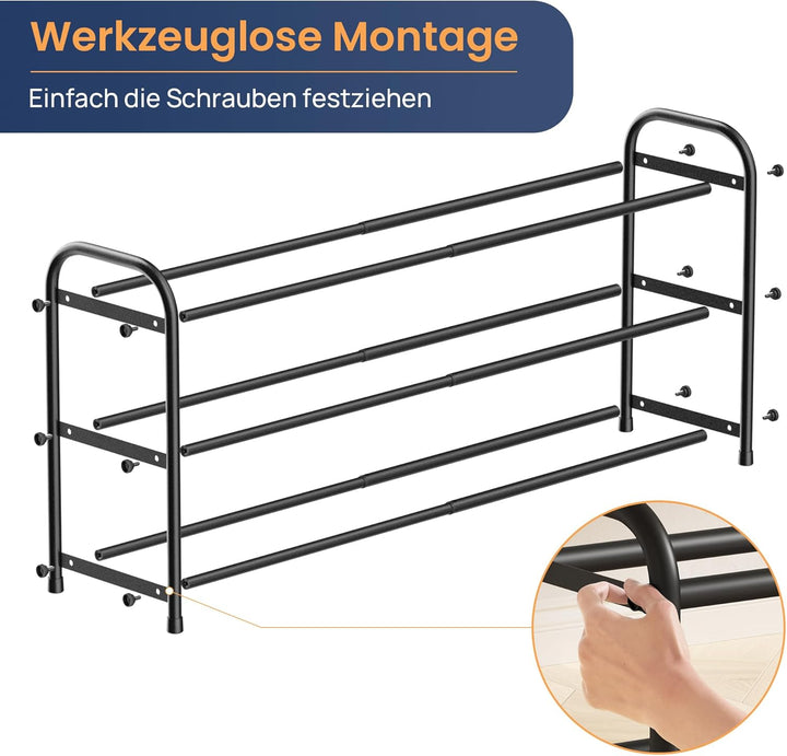 ENJOYBASICS Expandable Schuhregal, 3 Ebenen Adjustable Metall Schuhaufbewahrung 45 to 83cm, Schwarz