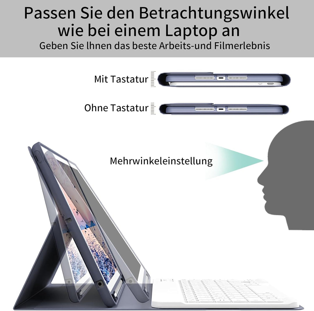 Hülle mit Tastatur für iPad 9./8./7. Generation 10,2 Zoll 2021/2020/2019, Abnehmbare kabellose Keybo