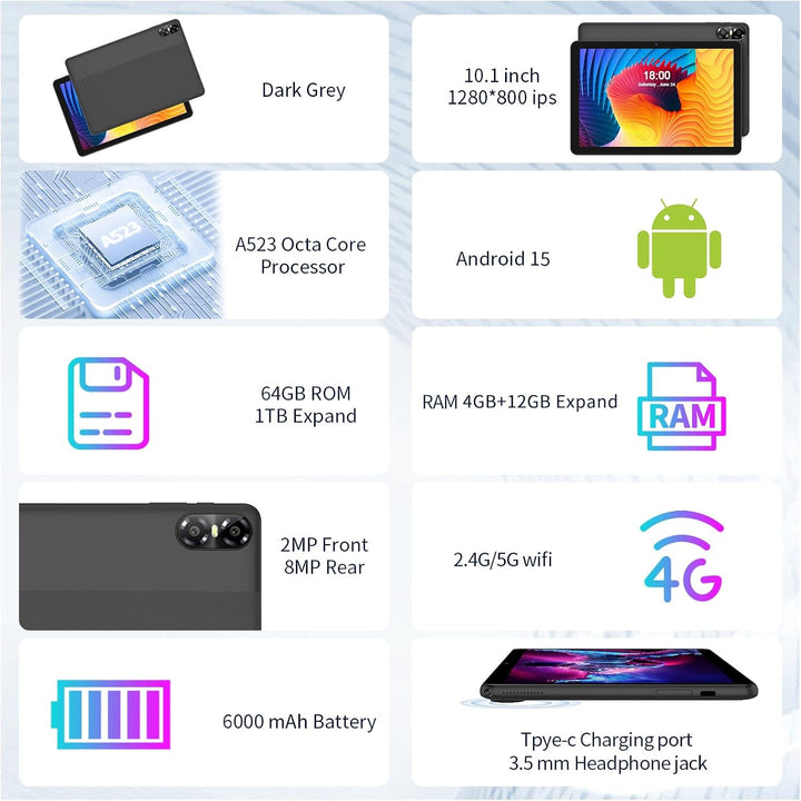 PRITOM 10-Zoll-Tablet mit Tastatur und Stift, 16 GB, 64 GB ROM, Android 15, 1024 GB erweiterbar, Qua