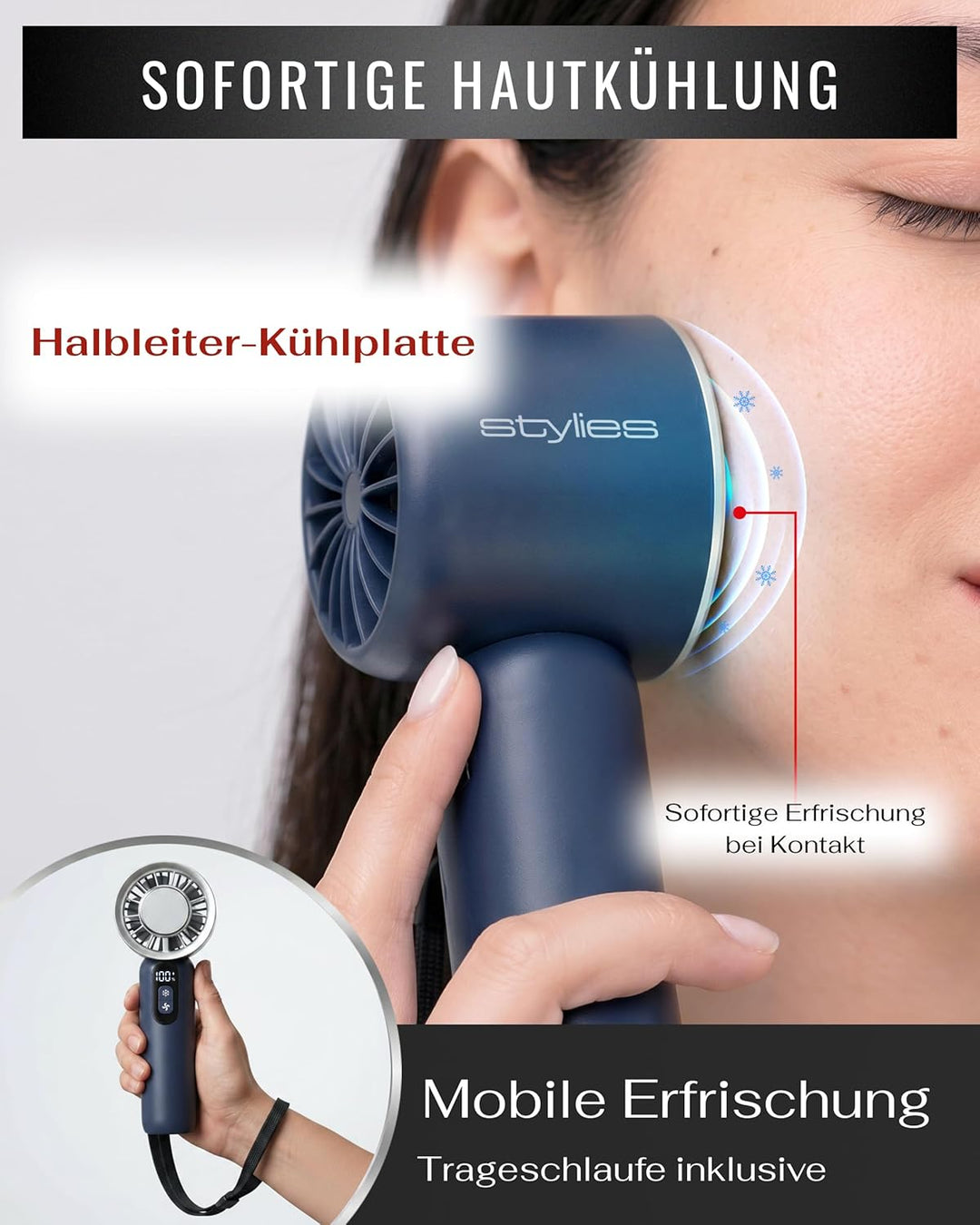 Premium Handventilator Akku aufladbar, Mini Ventilator für die Hand mit Kühlplatte, Akku Ventilator
