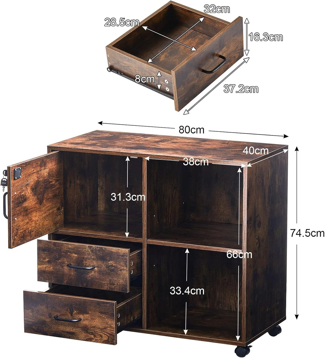 ZBAOLTO Rollcontainer Aktenschrank aus Holz, Abschliessbar Büroschrank mit Schubladen und Tür,Vertik
