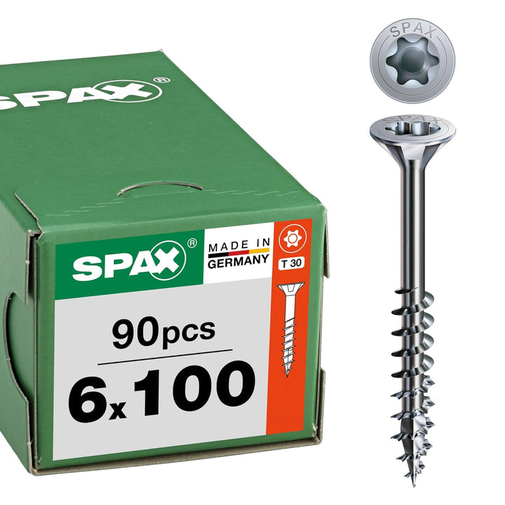SPAX Universalschraube, 6 x 100 mm, 90 Stück, Teilgewinde, Senkkopf, T-STAR plus T30, 4CUT, WIROX A9