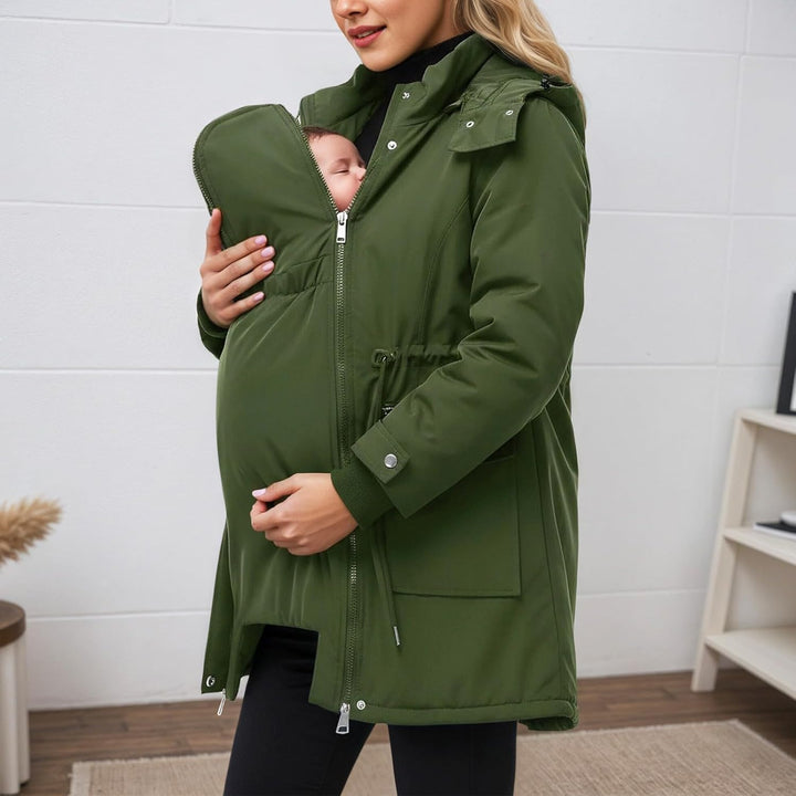 Generisch Umstands Baumwolljacke 3 in 1 Winter Langer Umstandsjacke mit Kapuze und Babyeinsatz Wasse