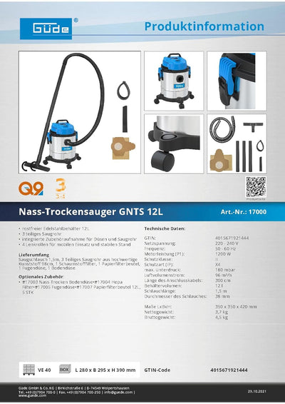 Güde 12 L 17000, NASS-TROCKENSAUGER GNTS 12L, Blau, Silber,schwarz, 1200 W, 80 Dezibel 1200W / 12L