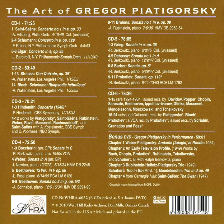 The Art of Gregor Piatigorsky - Seltene Studio-, Live- und Rundfunkaufnahmen, Audio-CD