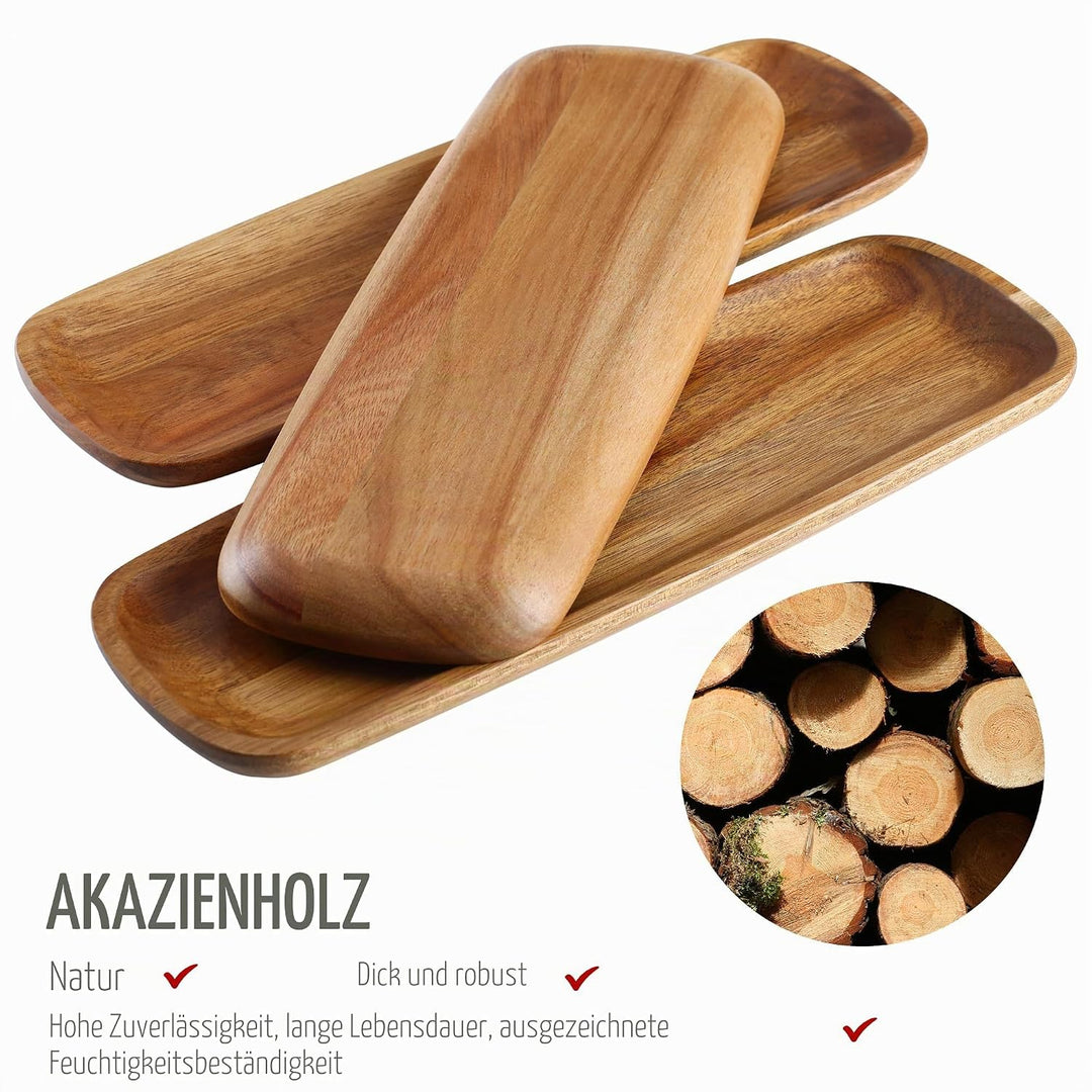 hecef Deko Tablett Set, 3 Stück Servierplatten Holz mit Gerillter Lippe, 33 * 11,5 * 0,8cm Servierta