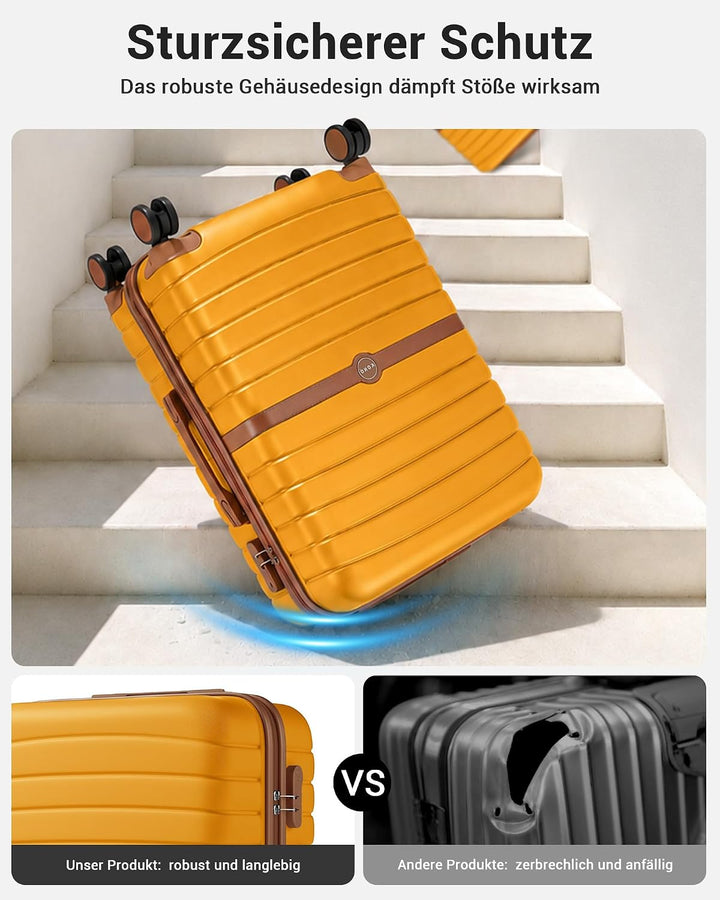 KONO Mittelgrosser Reisekoffer 62L ABS+PC Hartschalenkoffer L Gelb/Braun Mittler Koffer, Gelb/Braun