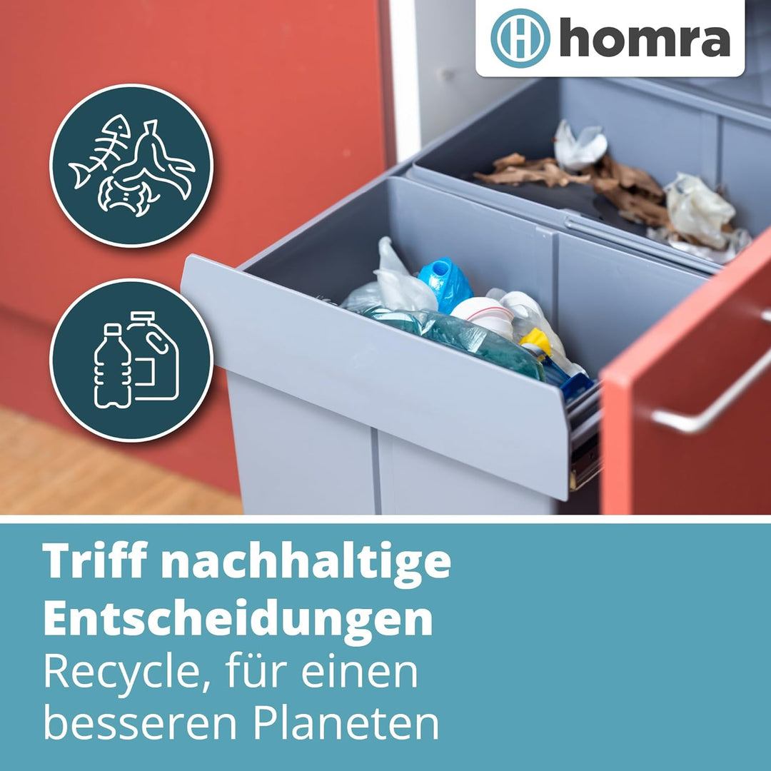 Homra Mülleimer 2 Fächer Ausziehbar | Einbaumülleimer Küche 2x20l | Mülltrennsystem Unterschrank | D