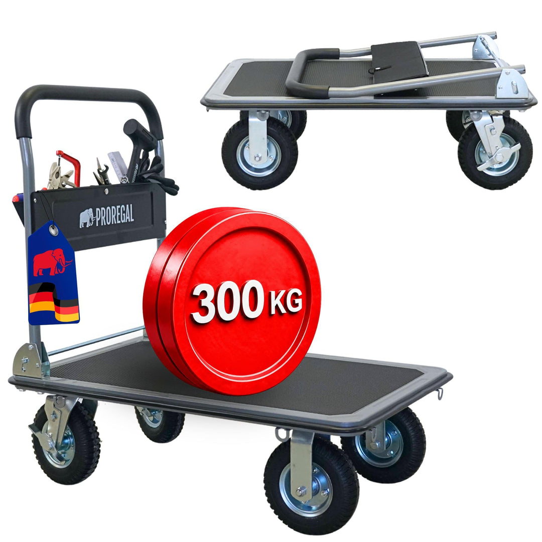 PROREGAL Profi-Plattformwagen Transportwagen Big Rhino 300kg klappbar mit Luftreifen, 360° Lenkrolle