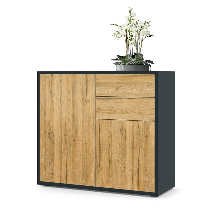 Vladon Sideboard Ben, Kommode mit 2 Türen und 2 Schubladen, Schwarz matt/Eiche Natur (79 x 74 x 36 c