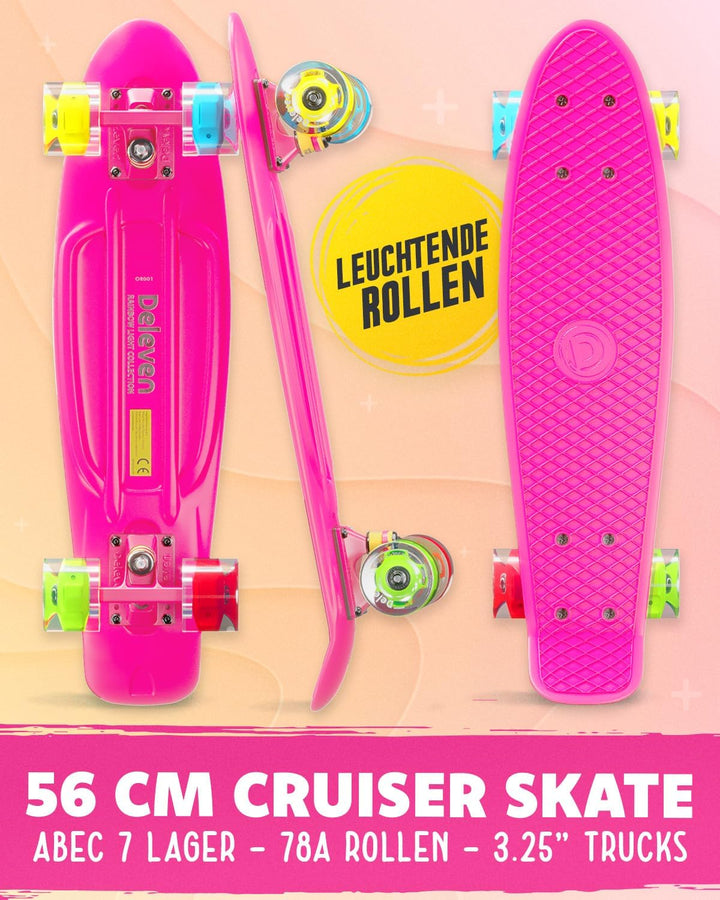Deleven Skateboard mit LED Rollen, Skate Tool und ABEC 7 Lager - Kinder Erwachsene Anfänger - 56 cm