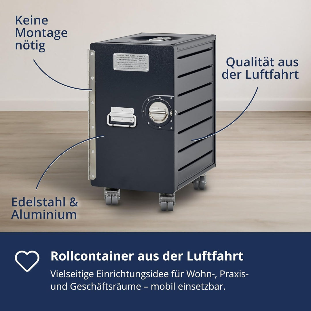 VanDeBord Bord Box XL mit Rollen Anthrazit, grosser Rollcontainer, original Flugzeugmöbel aus der Lu