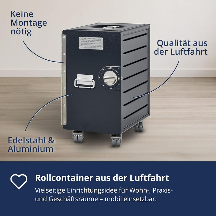 VanDeBord Bord Box XL mit Rollen Anthrazit, grosser Rollcontainer, original Flugzeugmöbel aus der Lu