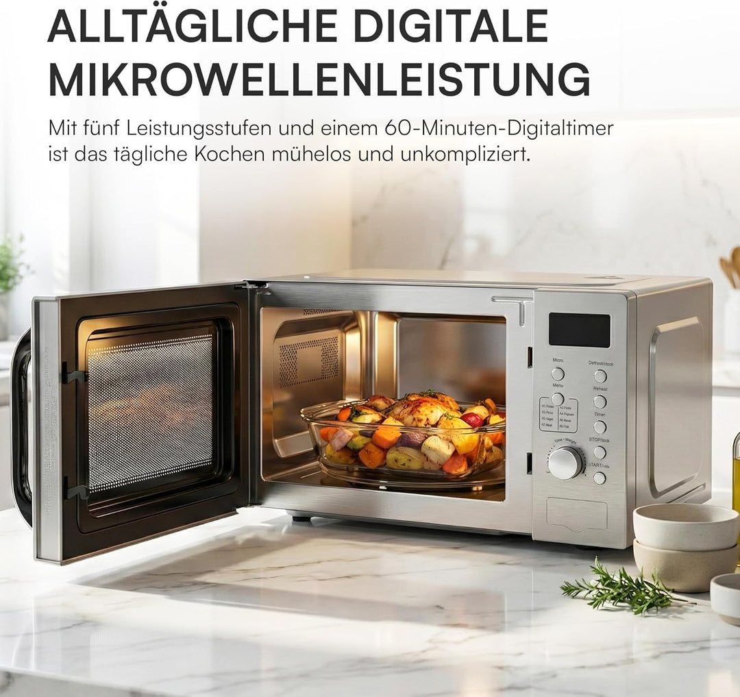 HMW‑D2060SS Mikrowelle, 20L, 700W • Digitales LED‑Display - 8 Automatikprogramme, Timer & Auftaufunk