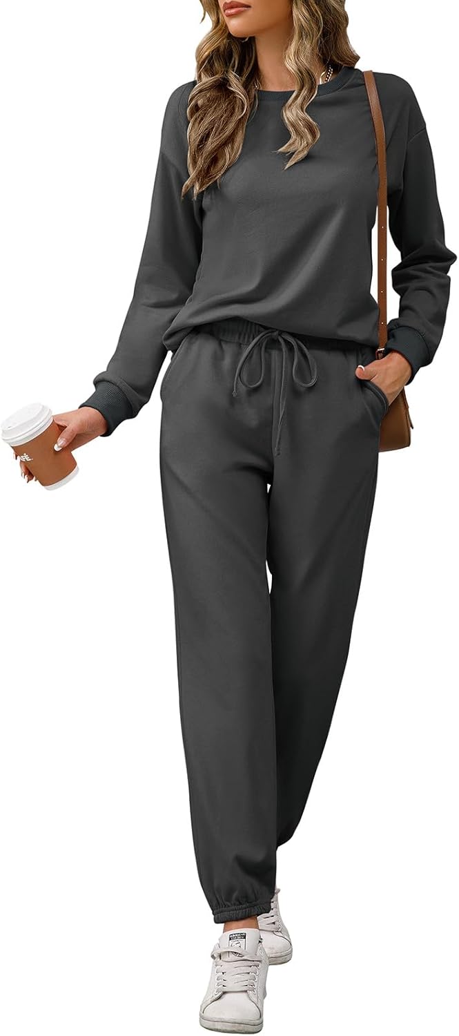 REORIA Damen Tracksuit Langarm Rundhalsausschnitt Einfarbig Zweiteiler Outfit Hoodie Jogger Training