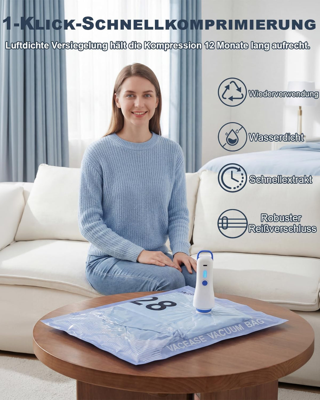 Vakuumbeutel für Kleidung mit Elektrischer Pumpe, 12er-Set Vakuumbeutel (4 * 100x80cm, 4 * 74x54cm,