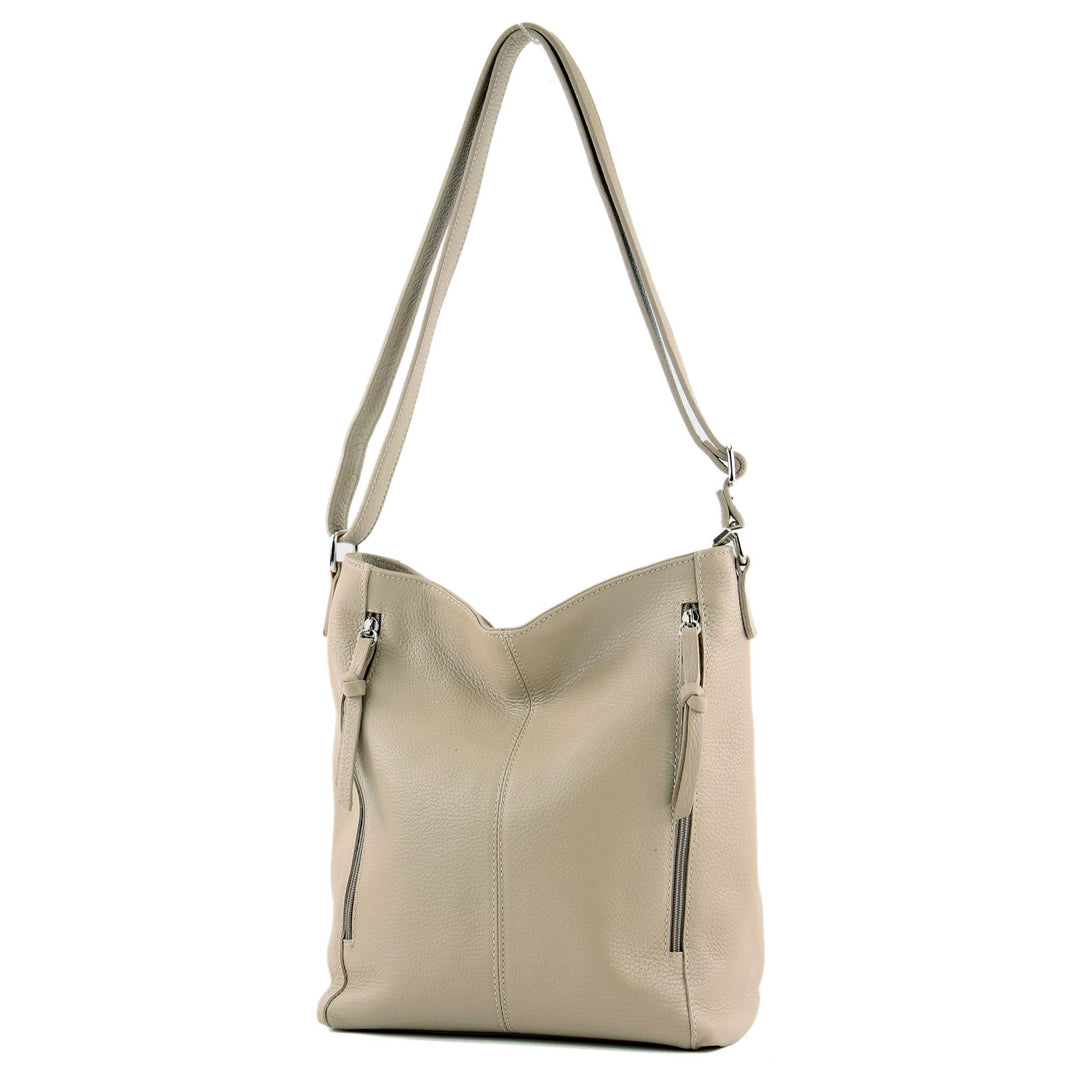 modamoda de - T195 - ital Umhängetasche Schultertasche aus Leder Beige, Beige