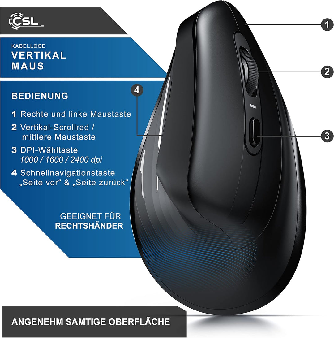 CSL - kabellose Maus Vertikal Bluetooth + Funk 2.4 GHz - Neues Modell - USB Vertical Mouse – ergonom
