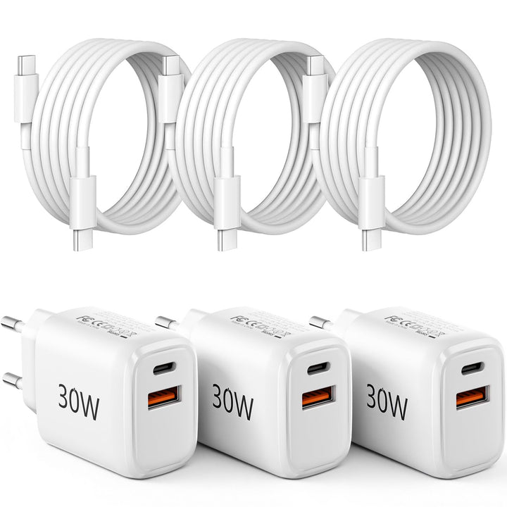 30W USB C Ladegerät Ladekabel, 3 Stück 2-Port PD Schnellladegerät mit 2M Kabel, USB C Stecker Netzte