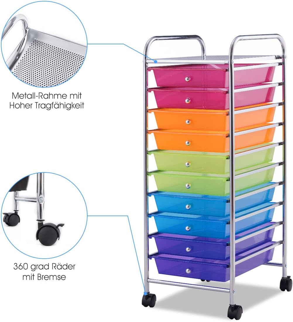 DREAMADE Rollwagen Schublade, Rollschrank Rollcontainer mit Schublade 10 Fächern, Haushaltswagen auf