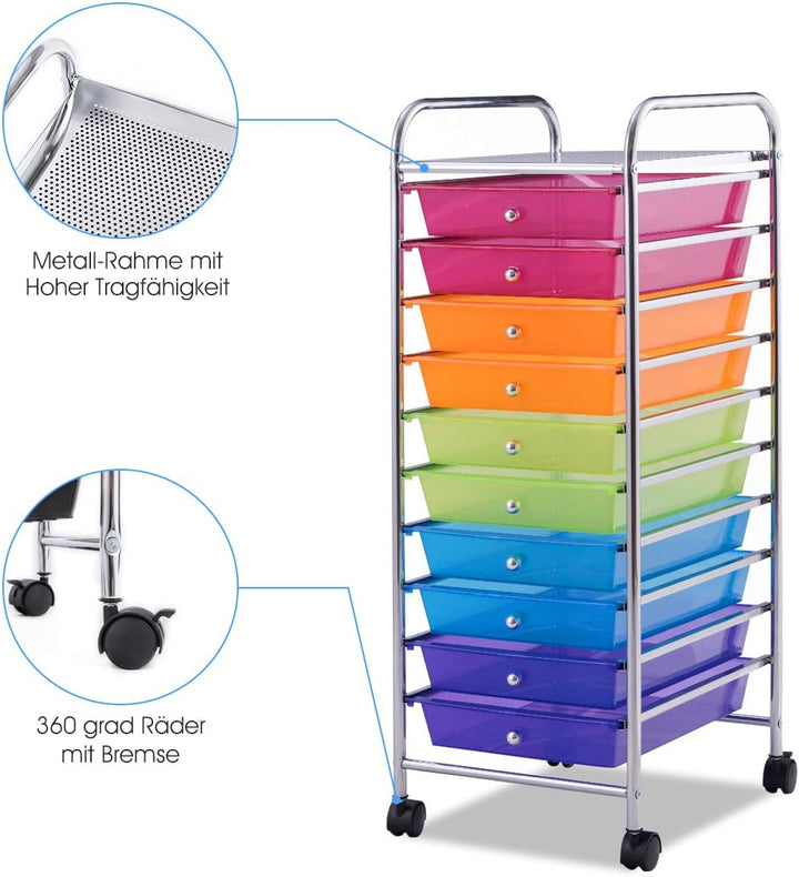 DREAMADE Rollwagen Schublade, Rollschrank Rollcontainer mit Schublade 10 Fächern, Haushaltswagen auf
