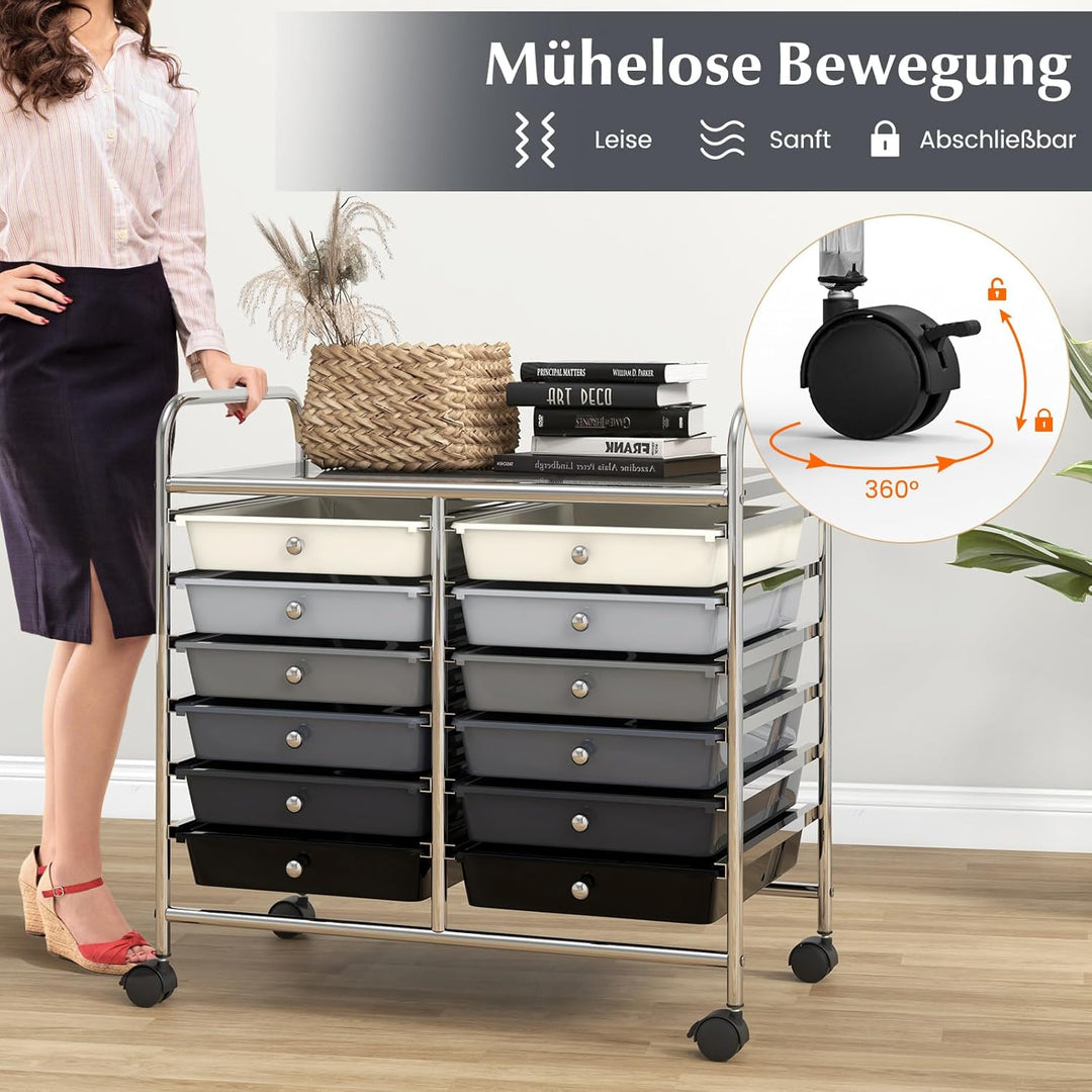 COSTWAY Rollwagen mit 12 stapelbaren Schubladen, Schubladenwagen Rollcontainer mit Metallgestell & A