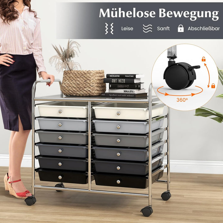 COSTWAY Rollwagen mit 12 stapelbaren Schubladen, Schubladenwagen Rollcontainer mit Metallgestell & A