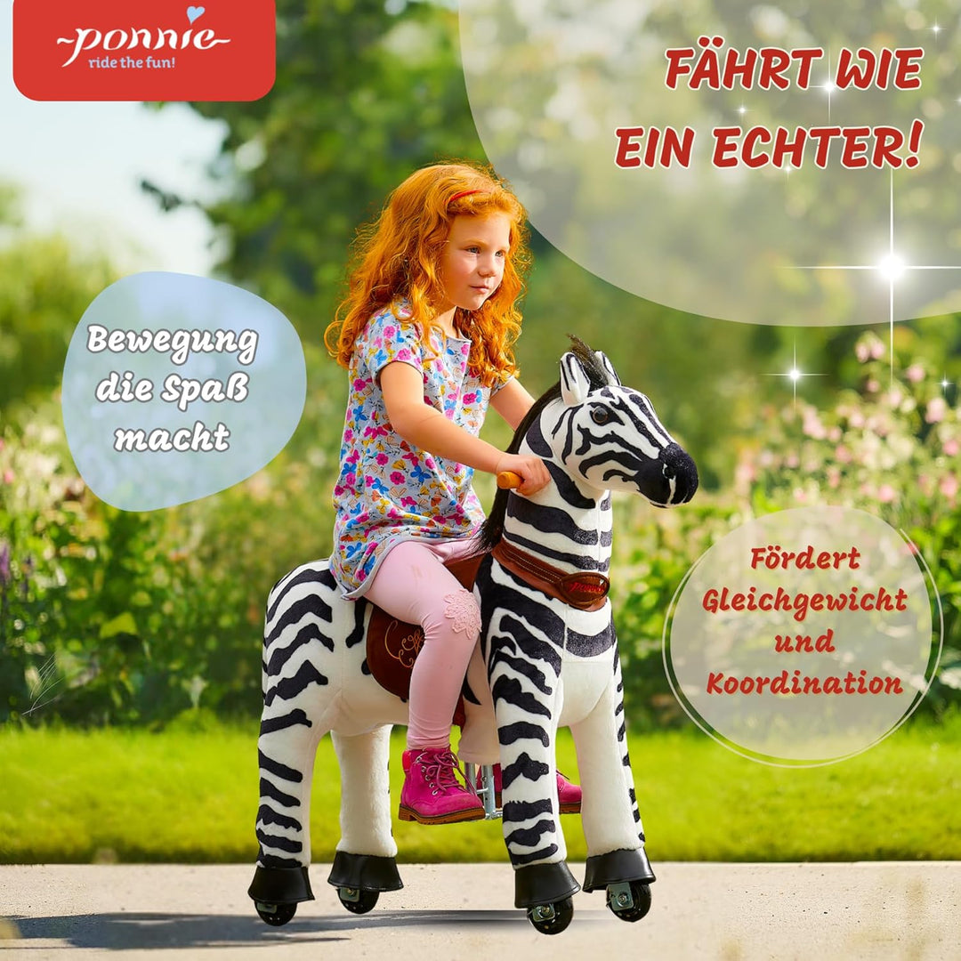 Ponnie Reitpferd mit Rollen Dixi Zebra S (3-6 Jahre), Spielpferd zum Reiten mit Abnehmbarer Braun Sa