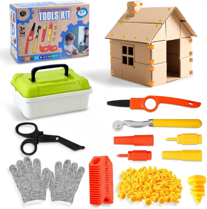 Karton Werkzeug Set 148-teilig inkl. Aufbewahrungsbox &amp; Handschuhe, DIY Bastelset Pappe Konstruktion